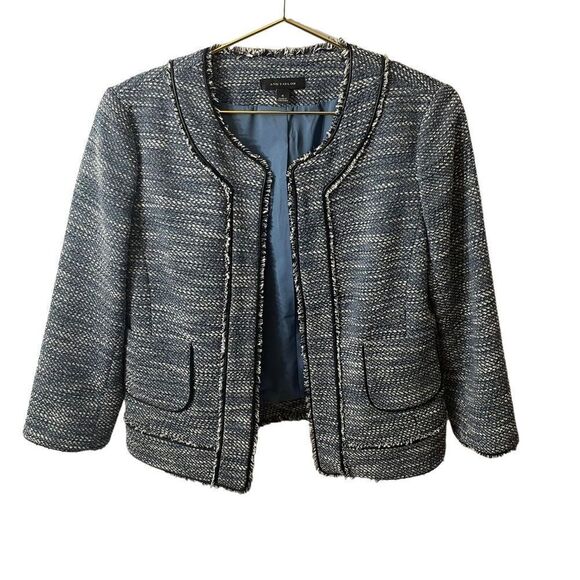 Ann Taylor Tweed Blue White Open Front Blazer Jacket Size 4 - Picture 1 of 13